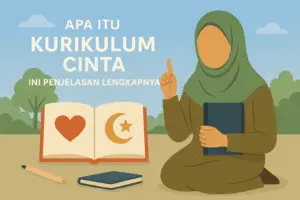 Ilustrasi Kurikulum Cinta oleh Kemenag, menampilkan guru muslimah dan simbol kasih dalam buku.