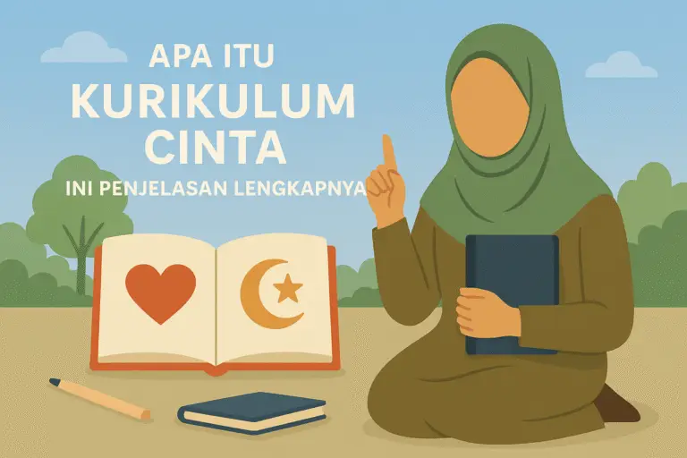 Ilustrasi Kurikulum Cinta oleh Kemenag, menampilkan guru muslimah dan simbol kasih dalam buku.