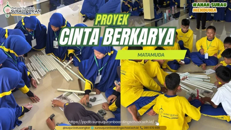 Santri baru MTs Surau Qur'an bekerjasama membuat kerajinan pipa pada Proyek Cinta Berkarya MATA MUDA