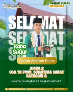 Danish Athallah Rasky santri MTs Surau Qur’an Batusangkar peraih Juara 2 Olimpiade Bahasa Arab ke-9 Sumatera Barat Kategori MTs Boarding School.