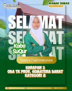 Nadya Fakhiratunisa santriwati MTs Surau Qur’an Batusangkar peraih Harapan 3 Olimpiade Bahasa Arab ke-9 Sumatera Barat.