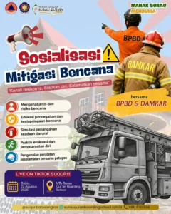 MTs Surau Qur’an Batusangkar menggelar Sosialisasi Mitigasi Bencana & simulasi gempa bersama BPBD Tanah Datar untuk melatih santri siaga & tangguh.